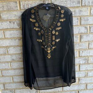 Helen Welsh Long Sleeve Sheer Silk Beaded Brass Decorated Blouse Women's Size M.